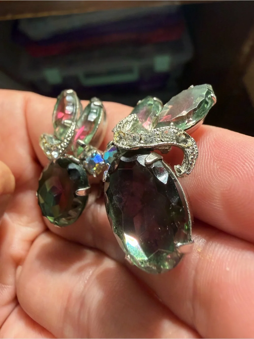 Vintage Silver Tone Watermelon Rhinestone Clip On Earrings